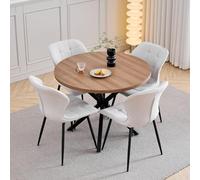 GrandCA HOME Juego de Mesa y Sillas de Comedor, 4 Sillas de Lino Color Blanco Roto y una Mesa de Comedor Redonda Moderna de 100 cm, Ideal para Cocina, Salón y Cafetería (Color Oscuro)