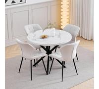 GrandCA HOME Juego de Mesa y Sillas de Comedor, 4 Sillas de Lino Color Blanco Roto y una Mesa de Comedor Redonda Moderna de 100 cm, Ideal para Cocina, Salón y Cafetería (Diseño de Mármol Blanco 1)