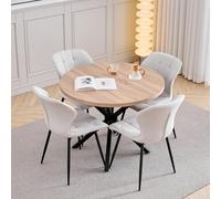GrandCA HOME Juego de Mesa y Sillas de Comedor, 4 Sillas de Lino Color Blanco Roto y una Mesa de Comedor Redonda Moderna de 100 cm, Ideal para Cocina, Salón y Cafetería (Color Claro)