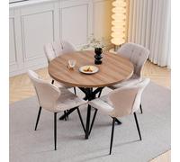 GrandCA HOME Juego de Mesa y Sillas de Comedor, 4 Sillas de Lino Color Caqui y una Mesa de Comedor Redonda Moderna de 100 cm, Ideal para Cocina, Salón y Cafetería (Color Oscuro)