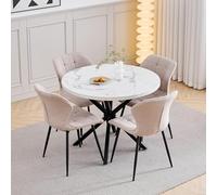 GrandCA HOME Juego de Mesa y Sillas de Comedor, 4 Sillas de Lino Color Caqui y una Mesa de Comedor Redonda Moderna de 100 cm, Ideal para Cocina, Salón y Cafetería (Diseño de Mármol Blanco 1)