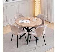 GrandCA HOME Juego de Mesa y Sillas de Comedor, 4 Sillas de Lino Color Caqui y una Mesa de Comedor Redonda Moderna de 100 cm, Ideal para Cocina, Salón y Cafetería (Color Claro)