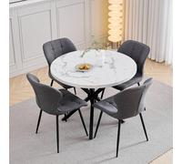 GrandCA HOME Juego de Mesa y Sillas de Comedor, 4 Sillas de Lino Color Gris Oscuro y una Mesa de Comedor Redonda Moderna de 100 cm, Ideal para Cocina, Salón y Cafetería (Diseño de Mármol Blanco 1)