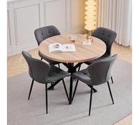 GrandCA HOME Juego de Mesa y Sillas de Comedor, 4 Sillas de Lino Color Gris Oscuro y una Mesa de Comedor Redonda Moderna de 100 cm, Ideal para Cocina, Salón y Cafetería (Color Claro)