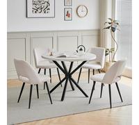 GrandCA HOME Juego de Mesa y Sillas de Comedor,Comedor Redonda de 100 CM,4 Silla de Comedor tapizada en Pana,Respaldo Calado, para Comedor, Cocina, Estar（Mesa mármol BK + 4 sillas Beige）
