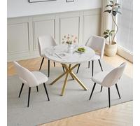 GrandCA HOME Juego de Mesa y Sillas de Comedor,Comedor Redonda de 100 CM,4 Silla de Comedor tapizada en Pana,Respaldo Calado, para Comedor, Cocina, Estar（Mesa mármol GD + 4 sillas Beige）