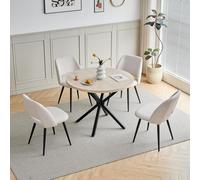 GrandCA HOME Juego de Mesa y Sillas de Comedor, Comedor Redonda de 100 CM,4 Silla de Comedor tapizada en Pana,Respaldo Calado, para Comedor, Cocina, Estar（Mesa travertino Amarillo + 4 sillas Beige）