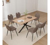 GrandCA HOME Juego de Mesa y Sillas de Comedor de 7 Piezas, Mesa Cuadrada de 140 cm, 6 Silla de Comedor Tapizada en Lino, Adecuado para Cocinas, Comedores (Madera Clara + Marrón)