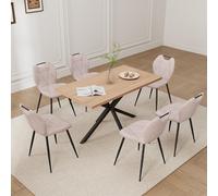 GrandCA HOME Juego de Mesa y Sillas de Comedor de 7 Piezas, Mesa Cuadrada de 140 cm, 6 Silla de Comedor Tapizada en Lino, Adecuado para Cocinas, Comedores (Madera Clara + Beige)