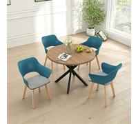GrandCA HOME Juego de Mesa y Sillas de Comedor Nórdicas, 100×100×76.5 CM Mesa de Comedor Redonda, 4 Sillas de Cocina Tapizadas, para Comedor, Salón, Cocina (Veta de Madera Oscura + Azul Lago)