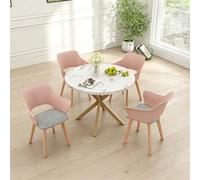 GrandCA HOME Juego de Mesa y Sillas de Comedor Nórdicas, 100×100×76.5 CM Mesa de Comedor Redonda, 4 Sillas de Cocina Tapizadas, para Comedor, Salón, Cocina (Mármol Blanco-GD + Rosa)