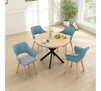 GrandCA HOME Juego de Mesa y Sillas de Comedor Nórdicas, 100×100×76.5 CM Mesa de Comedor Redonda, 4 Sillas de Cocina Tapizadas, para Comedor, Salón, Cocina (Veta de Madera Clara + Azul Claro)