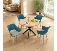 GrandCA HOME Juego de Mesa y Sillas de Comedor Nórdicas, 100×100×76.5 CM Mesa de Comedor Redonda, 4 Sillas de Cocina Tapizadas, para Comedor, Salón, Cocina (Veta de Madera Clara + Azul Lago)