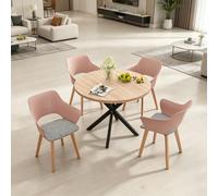 GrandCA HOME Juego de Mesa y Sillas de Comedor Nórdicas, 100×100×76.5 CM Mesa de Comedor Redonda, 4 Sillas de Cocina Tapizadas, para Comedor, Salón, Cocina (Veta de Madera Clara + Rosa)