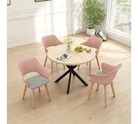 GrandCA HOME Juego de Mesa y Sillas de Comedor Nórdicas, 100×100×76.5 CM Mesa de Comedor Redonda, 4 Sillas de Cocina Tapizadas, para Comedor, Salón, Cocina (Travertino Amarillo + Rosa)