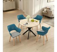 GrandCA HOME Juego de Mesa y Sillas de Comedor Nórdicas, 100×100×76.5 CM Mesa de Comedor Redonda, 4 Sillas de Cocina Tapizadas, para Comedor, Salón, Cocina (Travertino Amarillo + Azul Lago)