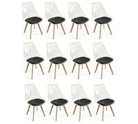 GrandCA HOME Pack 12 Sillas de Comedor con Respaldo Transparente y Patas de Madera, Sillas Tapizadas Sillas Nórdicas para Cocina Comedor (Negro/Cuero)