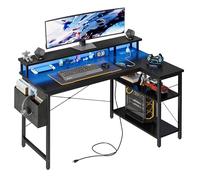 Grandder 100 cm Escritorio L con Luces LED y enchufes, Escritorio de Juego con 2 estantes, Mesa de Ordenador con Soporte para Monitor, Home Office, Negro carbón