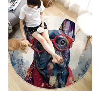 Grande Alfombra Salon Redonda 200cm, Bulldog Francés Animal Alfombra Dormitorio Lavable Lavadora, Pintura Al Óleo Grafiti Alfombras Antideslizante Tapete Sala para Cocina, Halls, Balcón, Gris