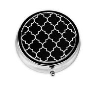 Grande Blanco Sobre Fondo Negro Quatrefoil, Pastillero, Pastillero redondo Pequeño contenedor de pastillas Organizador de pastillas de viaje