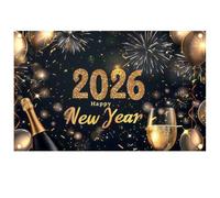 Grande Feliz Año Nuevo Pancarta para Nochevieja Decoración 2026, telón de Fondo Año Nuevo 2026 Fondo fotografía 150x100cm Negro champán Fuegos Artificiales Decorativo para Fiestas y Celebraciones