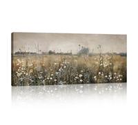 Grande Madera Rétro Fleurs Sauvages Champ Cuadros Decoracion Salon Modernos, Pradera con Flores Paisaje Lienzos Decorativos Casa de Campo Moderna Pintura Posters Para Pared Salón Dormitorio 120x50cm