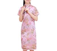 , grande, manga corta, cuello alto, hebilla chapada en oro, cheongsam chino, vestido de Año Nuevo, vestidos de vacaciones niñas ballet, Rosa., 3-4 años
