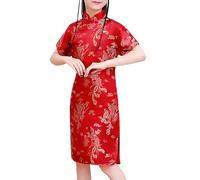 , grande, manga corta, cuello alto, hebilla chapada en oro, cheongsam chino, vestido de Año Nuevo, vestidos de vacaciones niñas ballet, rojo, 12-18 meses