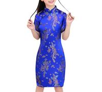 , grande, manga corta, cuello alto, hebilla chapada en oro, Cheongsam chino, vestido de Año Nuevo, vestidos de vacaciones para niñas 152, azul, 4-5 años