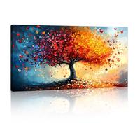 Grande Naranja Rojo Árbol de la Vida Árbol Marco de Madera Cuadros Decoracion Salon,Modernos Colorido Mariposas Árboles Pintura Lienzos Decor Cuadros Salón Pasillos Dormitorio Comedor Oficina 100x50cm