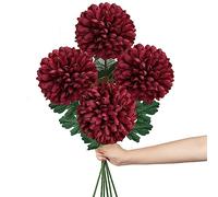 Grandes flores artificiales de crisantemo con tallo de 65,6 cm de largo, 4 flores artificiales rojas de seda, esferas artificiales para decoración del hogar, novia, boda, fiesta, jardín, arreglo