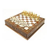 GrandGiftStore - Juego de ajedrez premium hecho a mano con cajón y piezas de ajedrez de metal dorado y plateado, tablero de ajedrez de madera con almacenamiento, juego de ajedrez premium