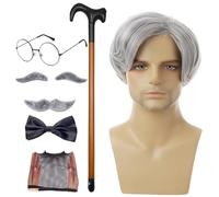 Grandpa Costume Set - Old Man Wig Grandpa Wigs, Costume Theme Party | Wig Walking Cane Glasses Faux Eyebrows Artificial Mustache Bow Tie For Grandpas Cosplay Halloween Christmas, 8*PCS