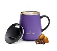 GRANDTIES Taza de café aislada con asa, tapa deslizante para termo a prueba de salpicaduras de 16 onzas, con doble pared de acero inoxidable al vacío que mantiene las bebidas calientes y frías, uva