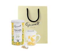Granell Cafés 1940 · Pack Regalo Manzanilla | Bote con 25 Infusiones Digestivas de Manzanilla en Flor en Pirámide + Taza con Tapa y Filtro de Acero Inoxidable