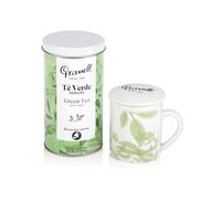 Granell Cafés 1940 · Pack Regalo Té Verde | Bote con 25 Infusiones de Té Verde Moruno Suave, Aromático y con un Toque de Hierbabuena en Pirámide + Taza con Tapa y Filtro de Acero Inoxidable