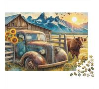 Granero Camión Viejo Puzzle de 1000 Piezas Papel para Adultos Campo de Girasoles Relajante Familia 52x38cm/1000pcs