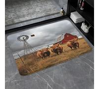 Granja Highland Cow Animales Rústicos Lindo Ganado Vaca Western Red Barn Door Molino De Viento Cabaña Country Vintage Divertido Felpudos Entrada Alfombrilla De Baño Felpudo De Entrada 40X60Cm
