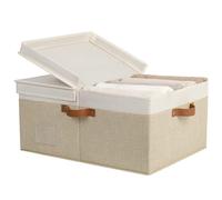 GRANNY SAYS Caja de almacenaje grande con tapa, set de 1 caja almacenaje con tapa, cesto para ropa de armario, grande cesta de tela para organizar el dormitorio, plegable decorativas, Blanco y caqui