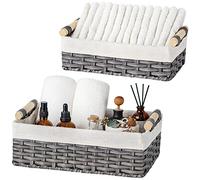 GRANNY SAYS Cestas de Mimbre, Juego de 2 Cestas de Almacenaje Decorativas para Estantes, Cestas para Papel Higiénico, Cestas de Almacenaje Tejidas Grises con Asas de Madera