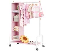 GRANNY SAYS Perchero Infantil con Organizador Colgante, Perchero con Ruedas para Disfraces Infantiles, Perchero para Ropa de Niños, Perchero para la Habitación del Bebé o la Guardería, Rosa/Blanco