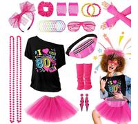 Grantop 28PCS 80er 90er Jahre Outfit Damen Set,80er Jahre Kleidung Kostüm,T-Shirt,Tutu,Bauchtasche,Ohr,Netzhandschuhe,80er Retro Party Accessoires,Kostüm 80er Jahre damen Karneval Party