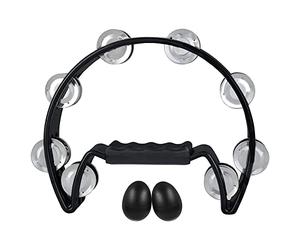 Graootoly Pandereta de metal Jingles de percusión de mano de media luna y coctelera de huevos para niños, adultos, karaoke, fiesta, color negro