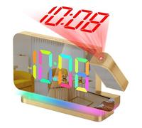 Graootoly Reloj despertador de proyección, pantalla LED de 7.4 pulgadas con espejo digital, proyector giratorio de 180 grados, luz dorada fácil de instalar