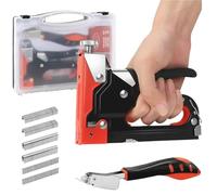 Grapadora de pared tapicero madera juego de pistola de grapar, 3 en 1 con 600 grapas, removedor de grapas y maletin tapicería material de fijación, puertas y ventanas (naranja negro)