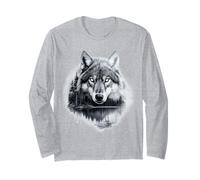 Graphic Wolf on the Hunt - Forest Wildlife Nature Tee Manga Larga