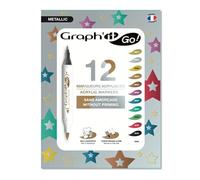 GRAPH'IT GO - Set de 12 rotuladores acrílicos sin cebado, doble punta de pincel y fina - METALLIC