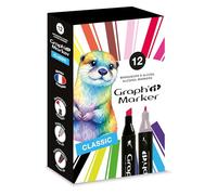 GRAPH'IT - Set de 12 Markers à Alcool Double Pointe : Fine et Biseautée pour Manga, Illustration, Coloration, Esquisse et Écriture - Rechargeables - Set Classic