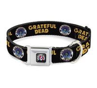 Grateful Dead - Collar para Mascotas, Collar de Perro, Hebilla de cinturón de Seguridad de Metal, Logotipo Redondo de Calavera y Rosas con Texto en inglés Grateful Dead, Color Negro y Amarillo, 33 a