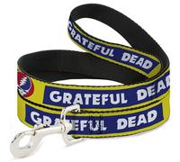 Grateful Dead - Correa para mascota, correa para perro, caja de texto Grateful Dead y logotipo de Steal Your Face amarillo/azul, 6 pies de largo 0.5 pulgadas de ancho